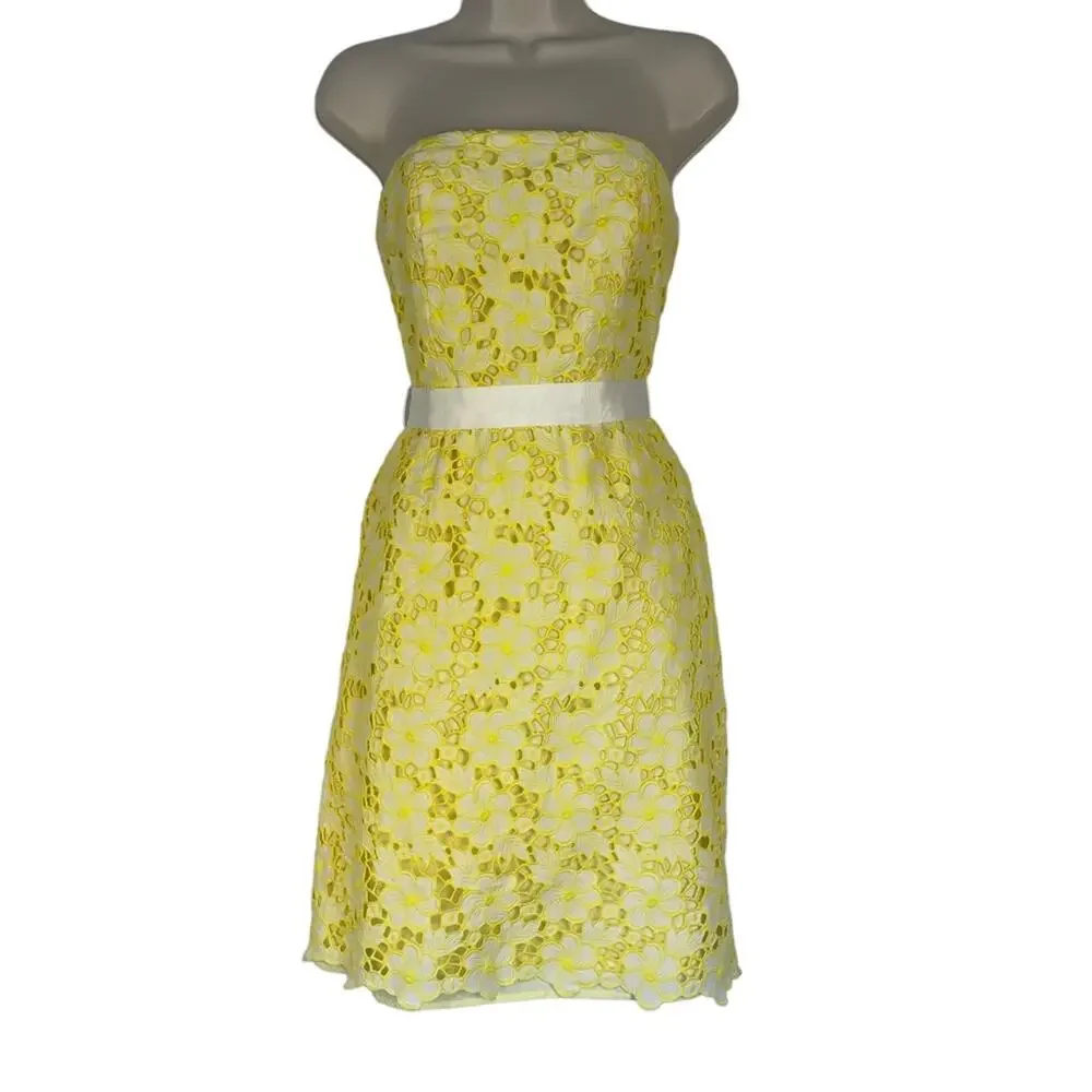 Lilly Pulitzer Vintage 90's Strapless Sienna Yellow Floral Eyelet Dress Size 2 - Picture 3 of 8